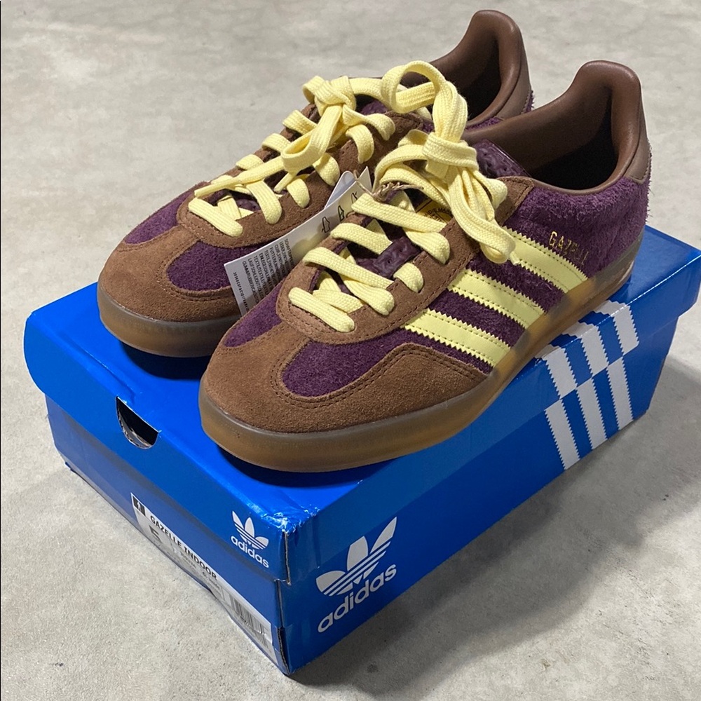 Adidas Gazelle Indoor Brown and Purple Shoes with Yellow Laces